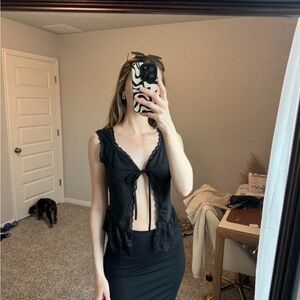 Black Lace Trim Bow Tie Going Out Summer Tank Top